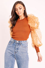 Tan Gold Polka Extreme Puff Mesh Sleeve Top - Daisey-Tops