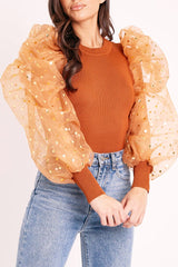 Tan Gold Polka Extreme Puff Mesh Sleeve Top - Daisey-Tops