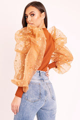 Tan Gold Polka Extreme Puff Mesh Sleeve Top - Daisey-Tops