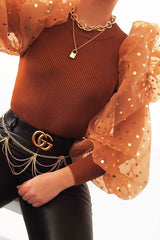 Tan Gold Polka Extreme Puff Mesh Sleeve Top - Daisey-Tops