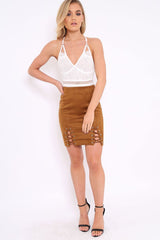 Tan Lace Up Suedette Mini Skirt - Tiara-Skirts