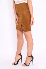 Tan Lace Up Suedette Mini Skirt - Tiara-Skirts