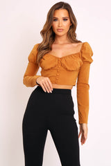 Tan Long Sleeve Button Front Milkmaid Crop Top - Gillie-Crop Tops