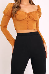 Tan Long Sleeve Button Front Milkmaid Crop Top - Gillie-Crop Tops