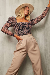 Tan Marble Puff Sleeve Bodysuit - Deana-Bodysuits