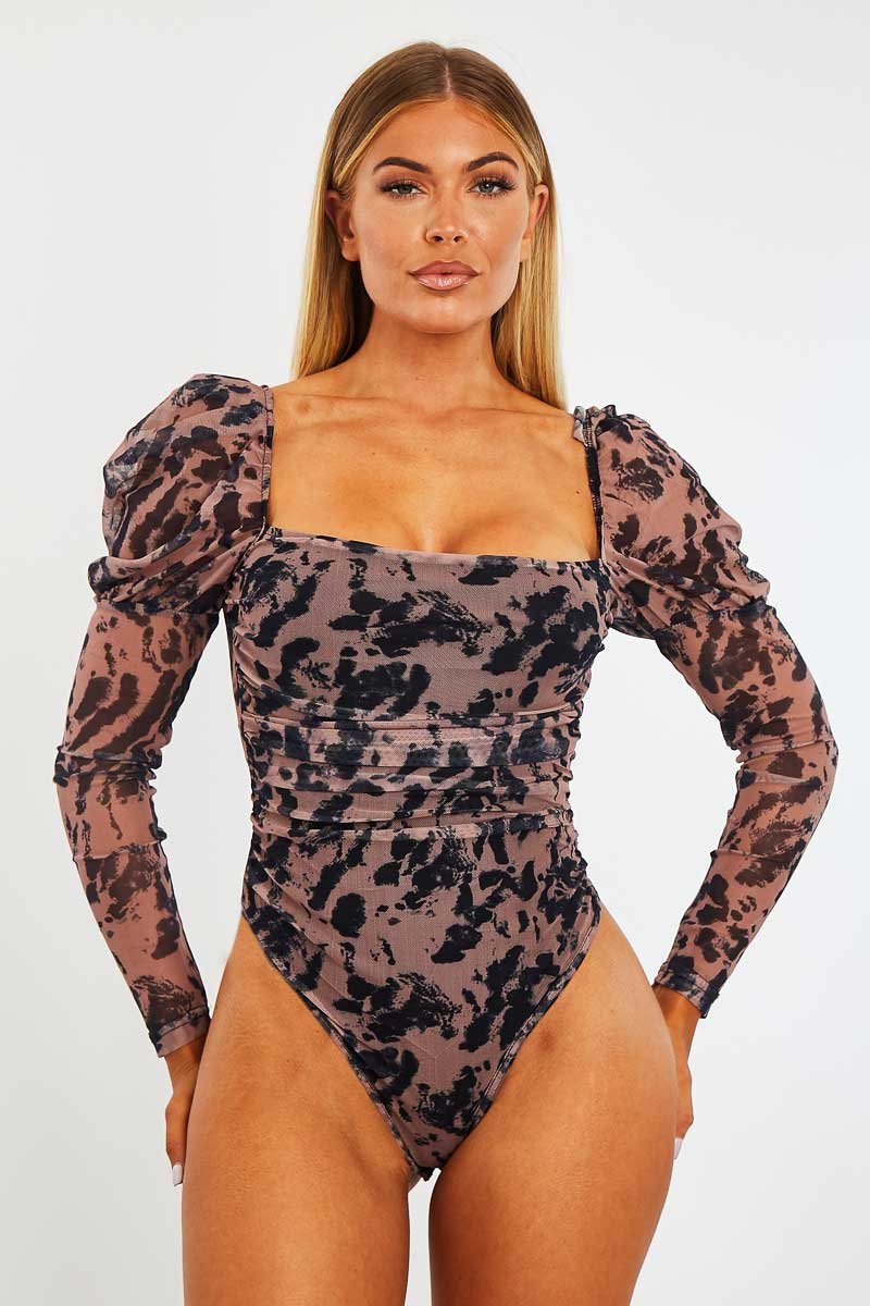 Tan Marble Puff Sleeve Bodysuit - Deana-Bodysuits