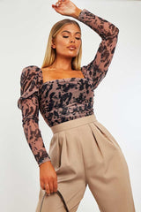 Tan Marble Puff Sleeve Bodysuit - Deana-Bodysuits