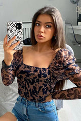 Tan Marble Puff Sleeve Bodysuit - Deana-Bodysuits