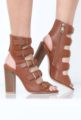 Tan Multi Buckle Block Heel - Claire-Heels