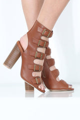 Tan Multi Buckle Block Heel - Claire-Heels