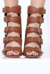 Tan Multi Buckle Block Heel - Claire-Heels