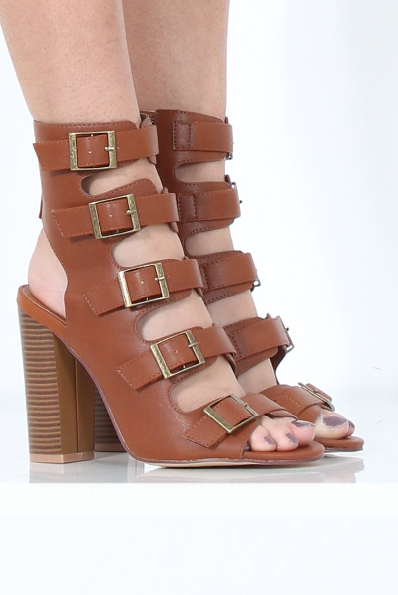 Tan Multi Buckle Block Heel - Claire-Heels