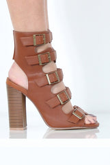 Tan Multi Buckle Block Heel - Claire-Heels