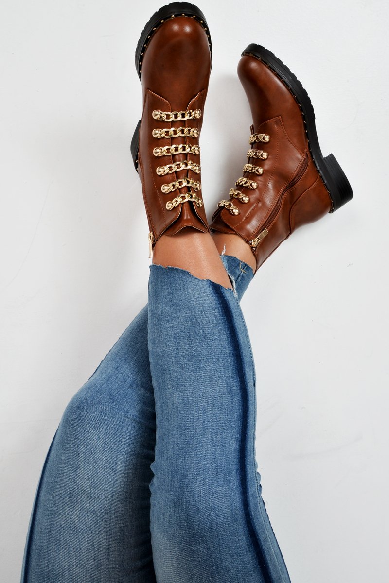 Tan PU Chain Detail Biker Boots - Fischer-Boots