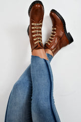 Tan PU Chain Detail Biker Boots - Fischer-Boots