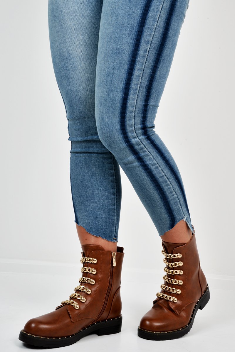 Tan PU Chain Detail Biker Boots - Fischer-Boots