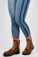 Tan PU Chain Detail Biker Boots - Fischer-Boots