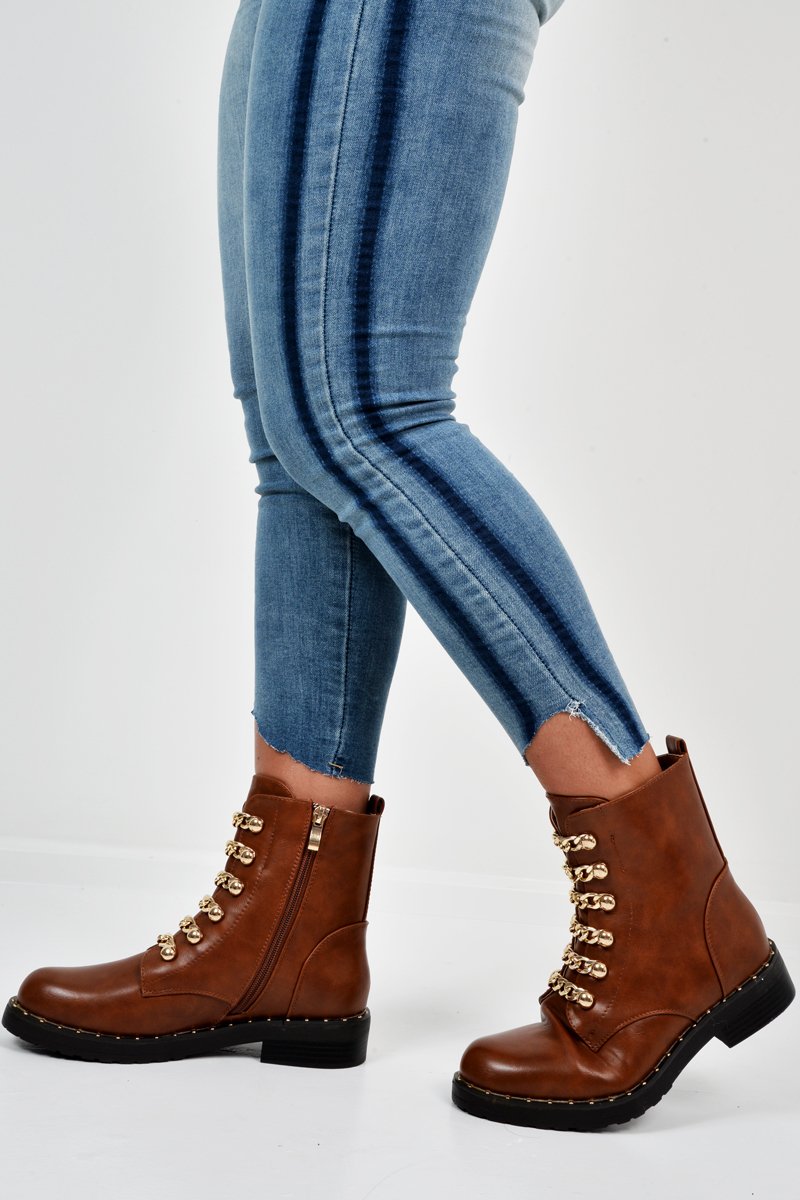Tan PU Chain Detail Biker Boots - Fischer-Boots