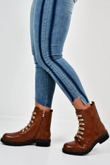 Tan PU Chain Detail Biker Boots - Fischer-Boots