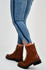 Tan PU Chain Detail Biker Boots - Fischer-Boots