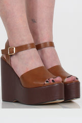 Tan PU Open Toe Wedges - Kendi-Wedges