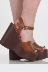 Tan PU Open Toe Wedges - Kendi-Wedges