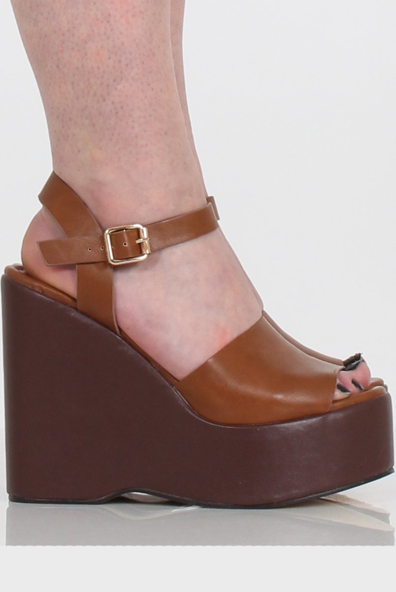 Tan PU Open Toe Wedges - Kendi-Wedges
