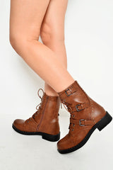 Tan PU Stud Trim Buckle Detail Biker Boots - Areyah-Boots