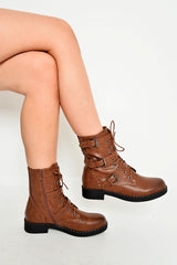 Tan PU Stud Trim Buckle Detail Biker Boots - Areyah-Boots