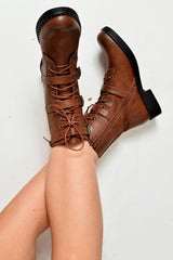 Tan PU Stud Trim Buckle Detail Biker Boots - Areyah-Boots