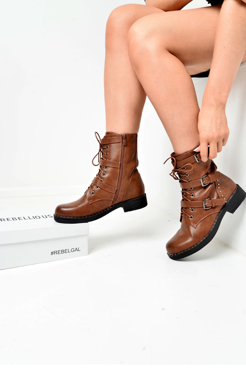 Tan PU Stud Trim Buckle Detail Biker Boots - Areyah-Boots
