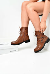 Tan PU Stud Trim Buckle Detail Biker Boots - Areyah-Boots