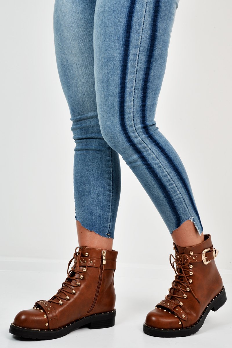 Tan PU Studded Biker Boots - Bailee-Boots