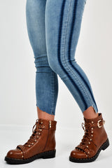 Tan PU Studded Biker Boots - Bailee-Boots