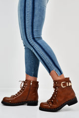 Tan PU Studded Biker Boots - Bailee-Boots