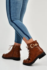 Tan PU Studded Biker Boots - Bailee-Boots