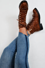 Tan PU Studded Biker Boots - Bailee-Boots