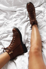 Tan PU Studded Biker Boots - Bailee-Boots