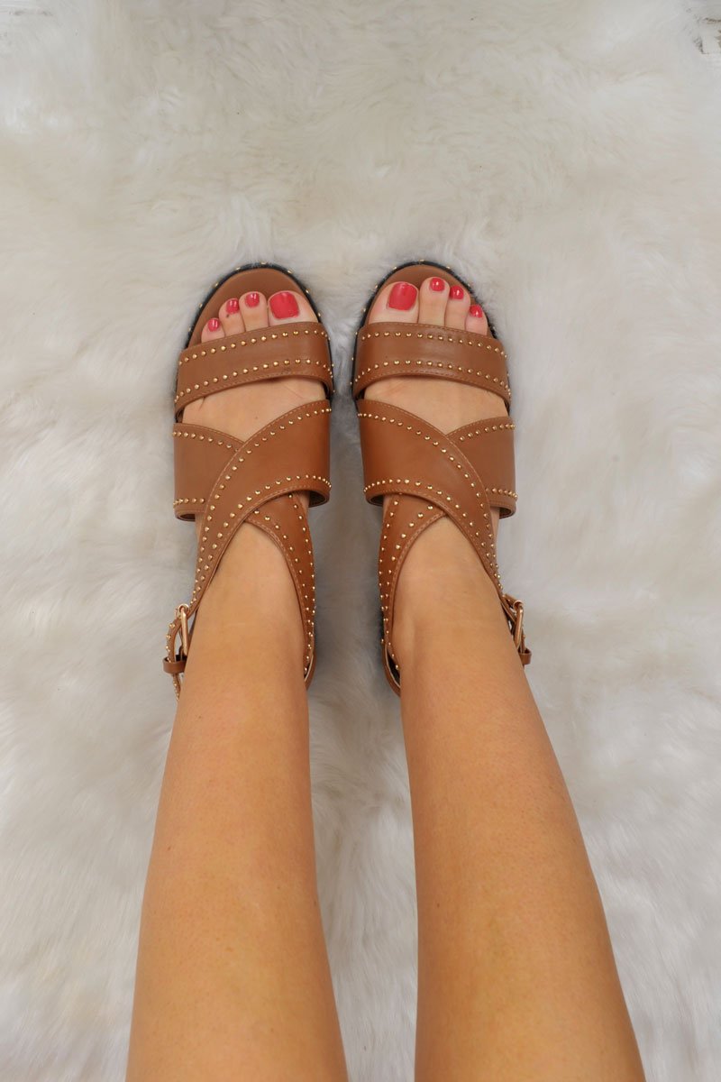 Tan PU Studded Cross Over Sandals - Aubrie-Sandals