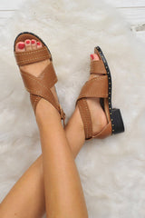 Tan PU Studded Cross Over Sandals - Aubrie-Sandals