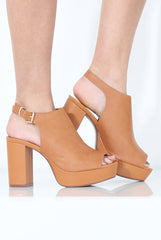 Tan Peep Toe Block Heels - Nadine-Heels