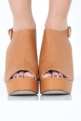 Tan Peep Toe Block Heels - Nadine-Heels