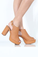 Tan Peep Toe Block Heels - Nadine-Heels