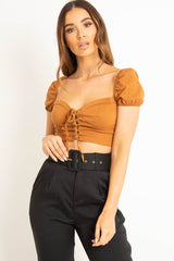 Tan Puff Sleeve Lace Up Front Crop Top - Kandis-Crop Tops