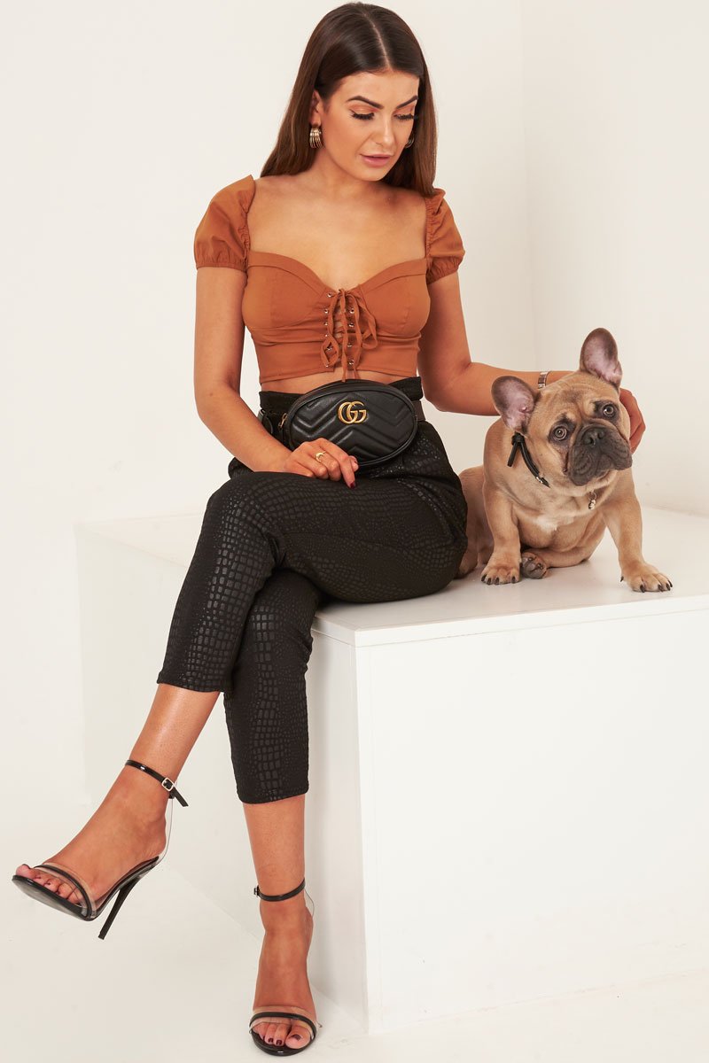 Tan Puff Sleeve Lace Up Front Crop Top - Kandis-Crop Tops