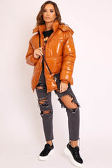 Tan Shiny Wet Look Chunky Hooded Puffer Coat - Syra-Coats