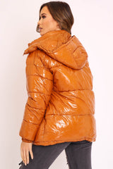 Tan Shiny Wet Look Chunky Hooded Puffer Coat - Syra-Coats