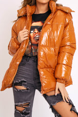 Tan Shiny Wet Look Chunky Hooded Puffer Coat - Syra-Coats