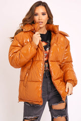 Tan Shiny Wet Look Chunky Hooded Puffer Coat - Syra-Coats