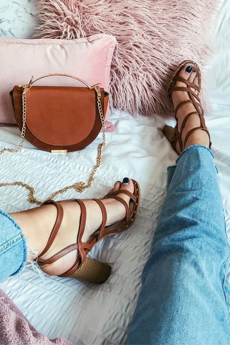 Tan Stud Multi Strap Gladiator Heeled Sandals - Numa-Sandals